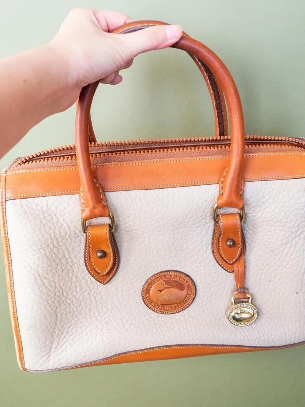 Dooney & Bourke White Pebble Leather Tote with Brown Trim and Gold Hardware